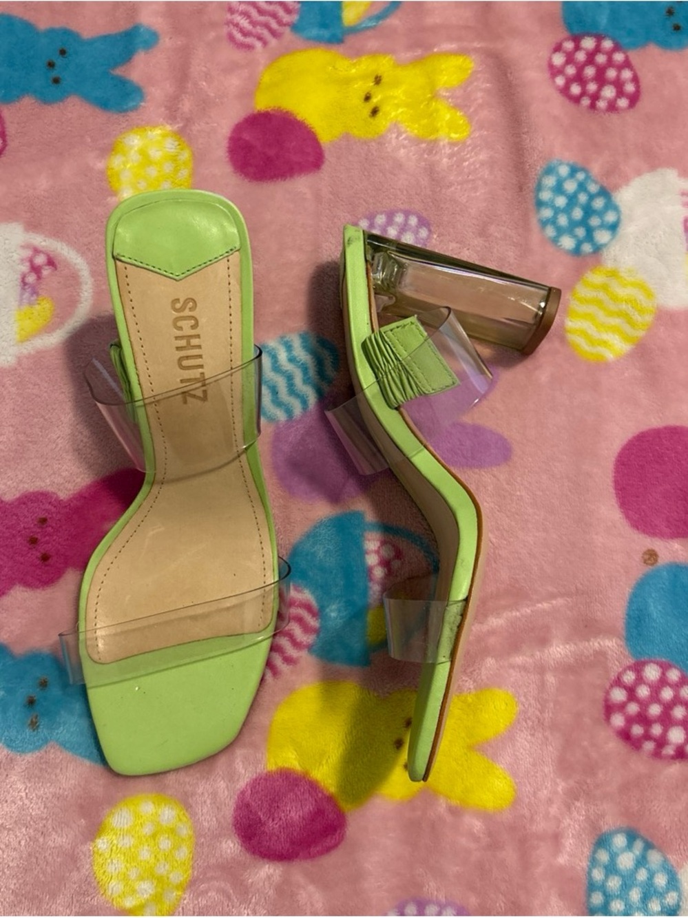 SCHUTZ Neon Green Clear Strap Block Heel Sandals